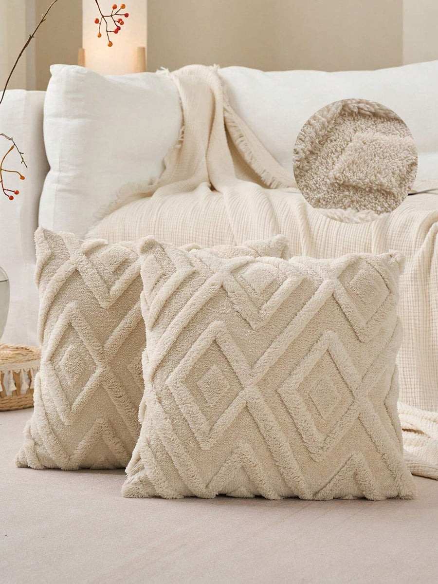Set Of 2 Faux Fur Cream White Throw Pillow Covers 18x18,Soft Checkborad Pattern Decorative Boho Pillow Cover Case Cushion Cover For Sofa Couch Bed Livingroom Farmhouse,Modern Accent,Fall Decor,Autumn Decor,Room Decor